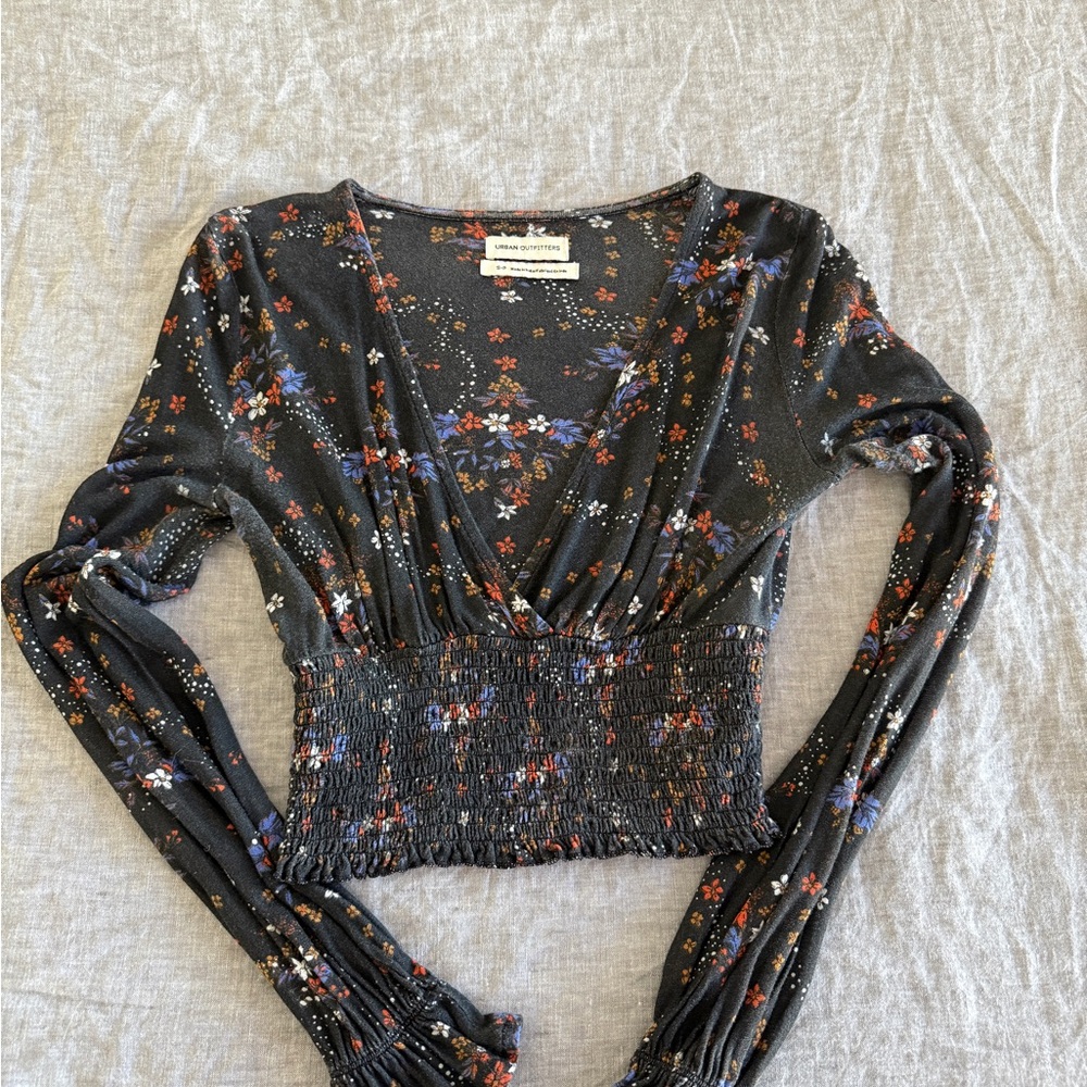 Urban Outfitters Black Floral Smocked Blouse